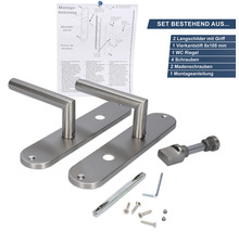 Türdrücker Set mit zwei Langschildern, Vierkantstift, WC Riegel, Schrauben und Montageanleitung
