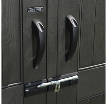 Vue détaillée d''une porte d''armoire de jardin avec poignées, verrou et logo Lifetime.