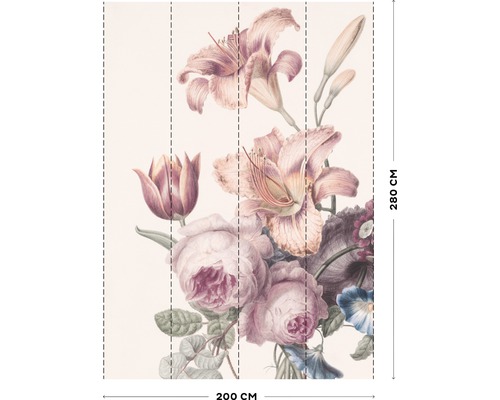 Papier peint fleuri avec roses, lys et tulipes, 200 cm de large et 280 cm de haut