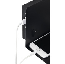 Étagère murale noire avec smartphone et câble de chargement