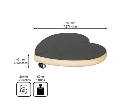 Support à roulettes en forme de cœur, dimensions 200 mm de long, 42 mm de haut et diamètre de roue de 20 mm, charge maximale 50 kg