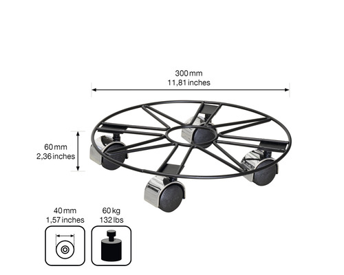 Support à plantes roulant d''un diamètre de 300 millimètres et d''une capacité de charge maximale de 60 kilogrammes.