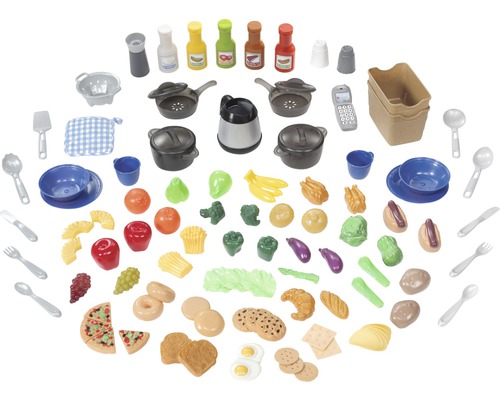 Spielküchenzubehör mit Töpfen, Geschirr, Lebensmitteln und Küchenutensilien