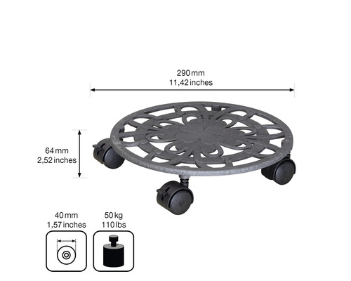 Support à plantes à motifs floraux avec roulettes, diamètre 290 mm