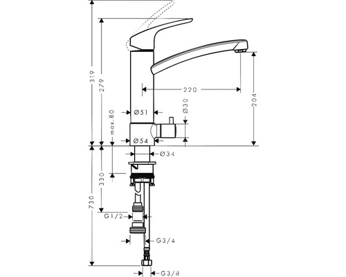 Schéma technique d''un robinet de cuisine avec dimensions