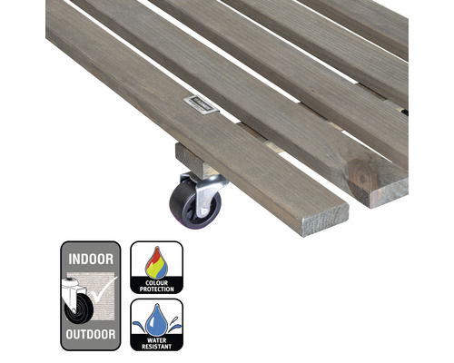 Vue détaillée d''une construction de support à plantes en bois avec roulettes et indications pour une utilisation intérieure et extérieure ainsi que pour la protection des couleurs et de l''eau.