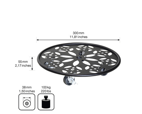 Pflanzenroller aus Metall mit floralem Muster und Rollen, Durchmesser 300 mm