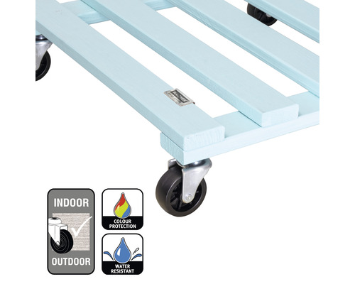 Plateau à roulettes en bois avec les symboles : Convient pour l’intérieur et l’extérieur, protection des couleurs et hydrofuge.