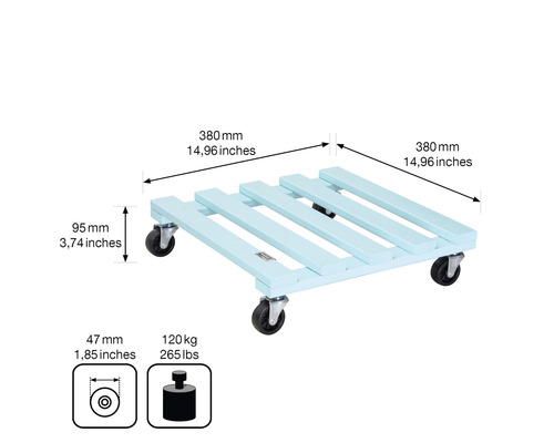 Support à plantes en bois avec roulettes, dimensions 380x380 mm, charge maximale 120 kg