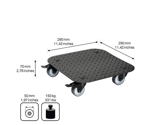 Planche à roulettes mesurant 290 mm x 290 mm et ayant une capacité de charge maximale de 150 kg