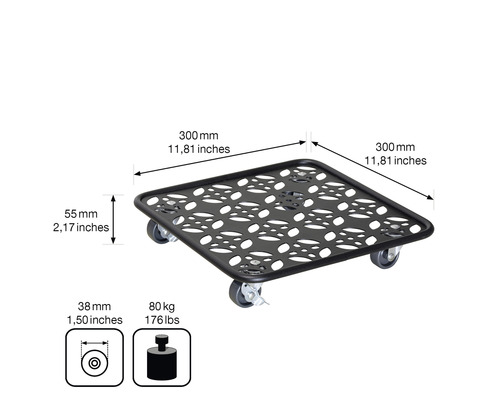 Planche à roulettes mesurant 300 mm x 300 mm avec une capacité de charge maximale de 80 kg