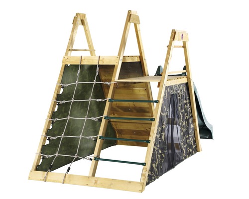 Spielturm aus Holz mit Rutsche, Kletternetz und Leiter für den Garten