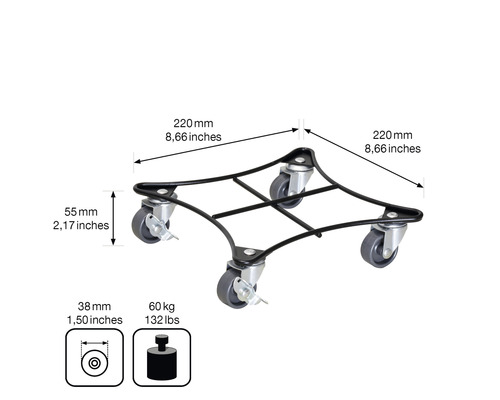 Support à plantes sur roulettes avec indications de dimensions