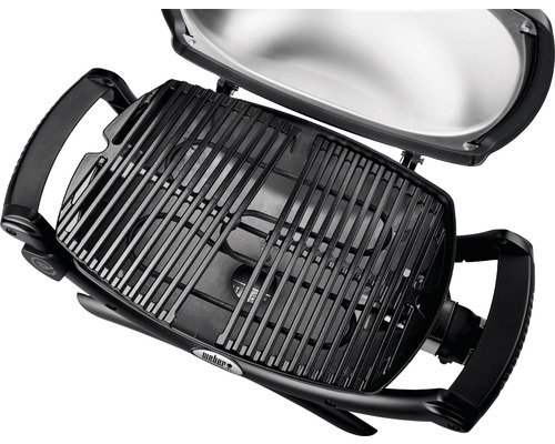 Gril électrique Weber avec grille et couvercle ouvert.