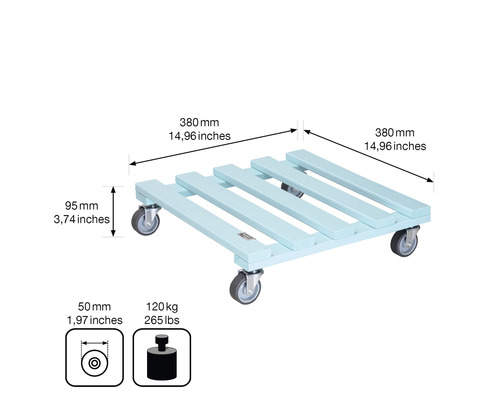 Support à plantes en bois avec quatre roulettes et indications de dimensions