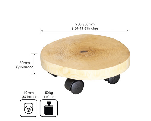 Support à roulettes en bois mesurant entre 250 et 300 millimètres