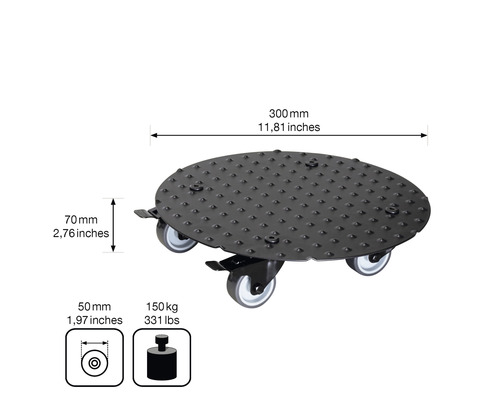 Planche à roulettes avec une capacité de charge de 150 kilogrammes et un diamètre de 300 millimètres