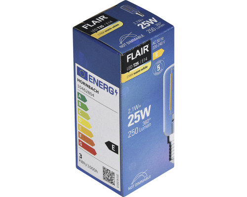 Verpackung einer Flair LED Lampe T25 E14 mit 2,1 Watt, 25 Watt, 250 Lumen, nicht dimmbar und Energieeffizienzklasse E