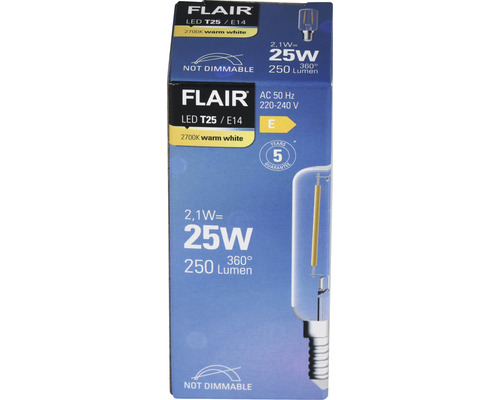 Verpackung einer Flair LED T25/E14 Lampe, nicht dimmbar
