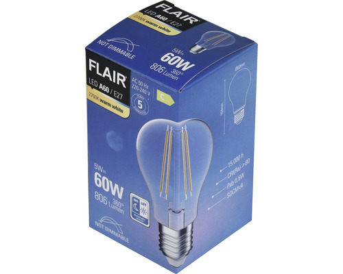 Verpackung einer Flair LED Lampe A60 E27, 5 Watt, 2700 Kelvin, warmweiß, nicht dimmbar