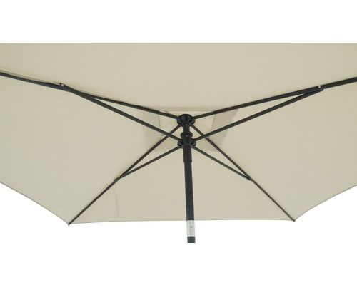 Detailaufnahme eines Gartenschirms von unten mit Streben und Mast