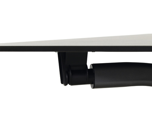 Detailansicht einer Schreibtischplatte mit Halterung und Kurbel zur Höhenverstellung