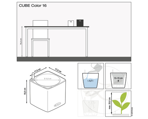 Abbildung eines Lechuza Cube Color 16 Pflanzgefäßes mit Maßangaben und Hinweisen zur Bepflanzung