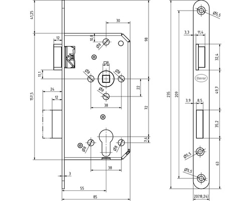 Dessin technique d''une serrure à mortaiser avec dimensions