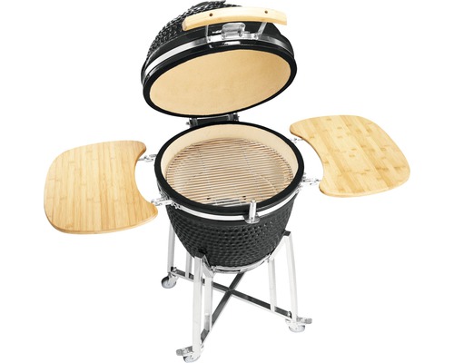 Keramikgrill mit geöffnetem Deckel und Seitentischen