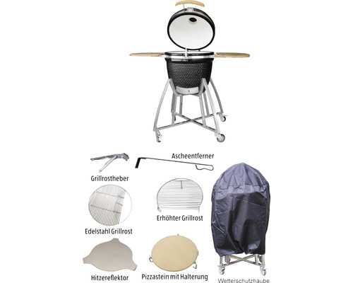 Keramikgrill mit Zubehör wie Grillrostheber, Ascheentferner, Grillrosterhöhung, Edelstahlgrillrost, Hitzereflektor, Pizzastein mit Halterung und Wetterschutzhaube