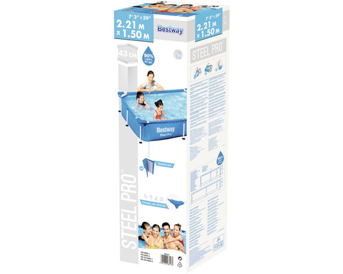Bestway Steel Pro Pool Verpackung mit Informationen zu Größe und Füllmenge