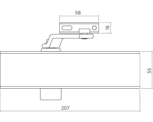 Schéma technique d''un ferme-porte avec indications de dimensions