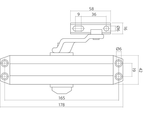 Schéma technique d''un ferme-porte avec indications de dimensions