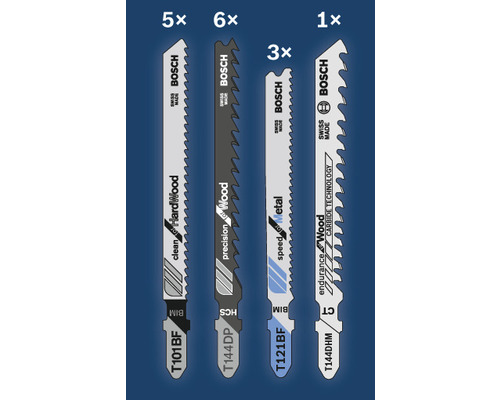 Jeu de lames de scie sauteuse Bosch avec différentes lames pour bois et métal