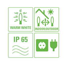 Symboles pour lumière blanc chaud, intérieur et extérieur, indice de protection IP 65 et prise secteur