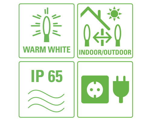 Symboles pour lumière blanc chaud, intérieur et extérieur, indice de protection IP 65 et prise secteur