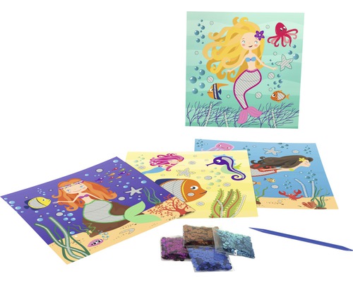 Kit d''images scintillantes sirène avec quatre motifs différents, paillettes scintillantes et un stylo pour appliquer les paillettes