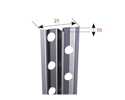 Vue détaillée d''un profilé métallique perforé avec les dimensions 21 et 10.