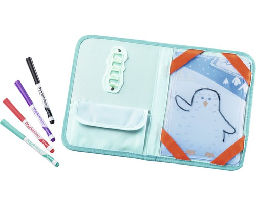 Stifthaltermappe mit Stiften und Vorlage mit Pinguin