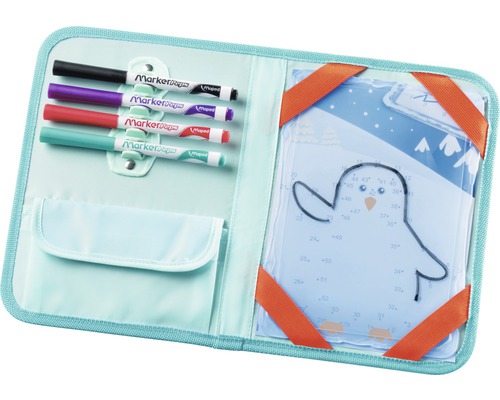 Geöffnetes Zeichenbuch mit Stiften und einer Zeichnung