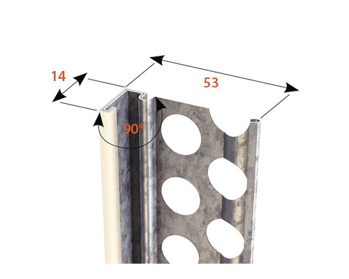 Profil d''enduit avec des dimensions de 14 et 53 millimètres à un angle de 90 degrés.