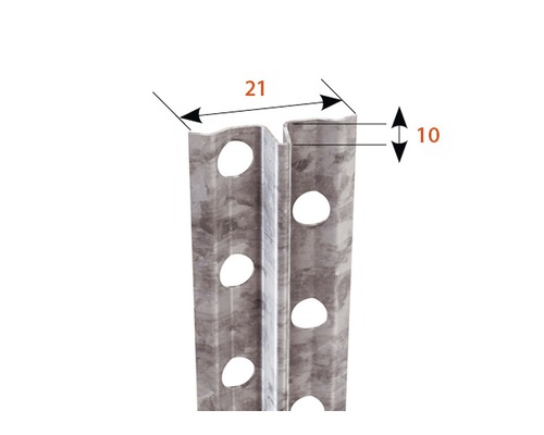 Detailansicht eines Metallregalständers mit den Maßen 21 und 10 Millimeter.
