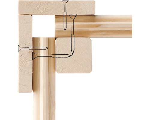 Illustration einer Holzkonstruktion, die mit Schrauben befestigt ist.