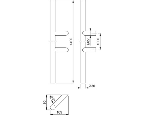Technische Zeichnung eines Stangengriffs mit Maßangaben