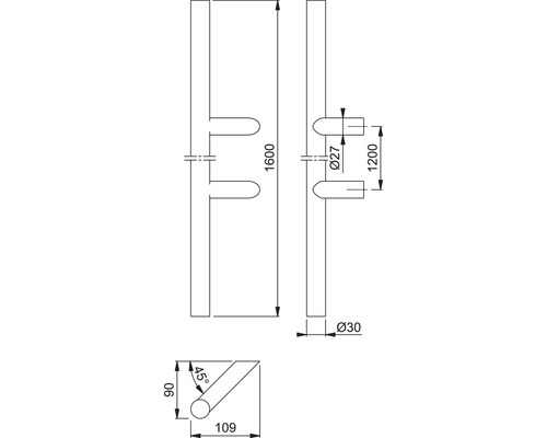 Technische Zeichnung eines Türgriffs mit Maßangaben