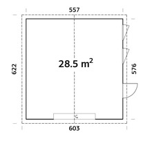 Grundriss mit Maßangaben für ein Gartenhaus mit einer Fläche von 28,5 Quadratmetern