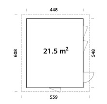 Grundriss eines Gartenhauses mit den Massen 448 x 539 x 608 x 548 Zentimeter und einer Fläche von 21,5 Quadratmetern