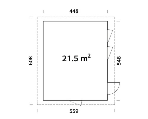 Grundriss eines Gartenhauses mit den Massen 448 x 539 x 608 x 548 Zentimeter und einer Fläche von 21,5 Quadratmetern