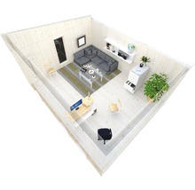 Heller Raum mit Sofa, Tisch, Regalen, Schreibtisch und Bürostuhl