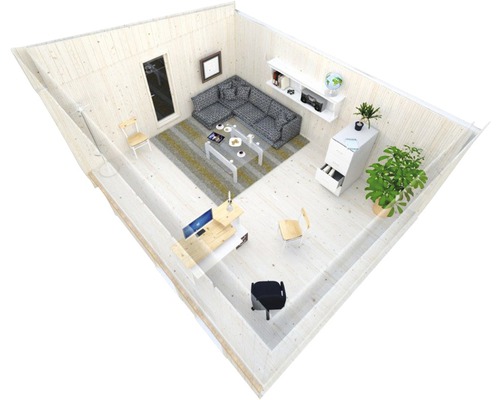 Heller Raum mit Sofa, Tisch, Regalen, Schreibtisch und Bürostuhl